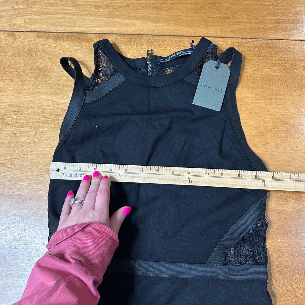 AllSaints Kiro Dress Womens Size 6 Black Lace Cutout Bodycon Mini LBD Cocktail - Picture 7 of 13